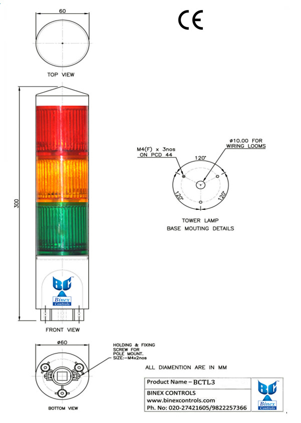 dimensional diagram of 3 led tower lamps
